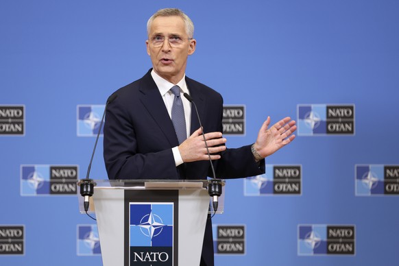 NATO Secretary General Jens Stoltenberg speaks during a media conference, ahead of a meeting of NATO foreign ministers, at NATO headquarters in Brussels, Monday, April 3, 2023. (AP Photo/Geert Vanden  ...