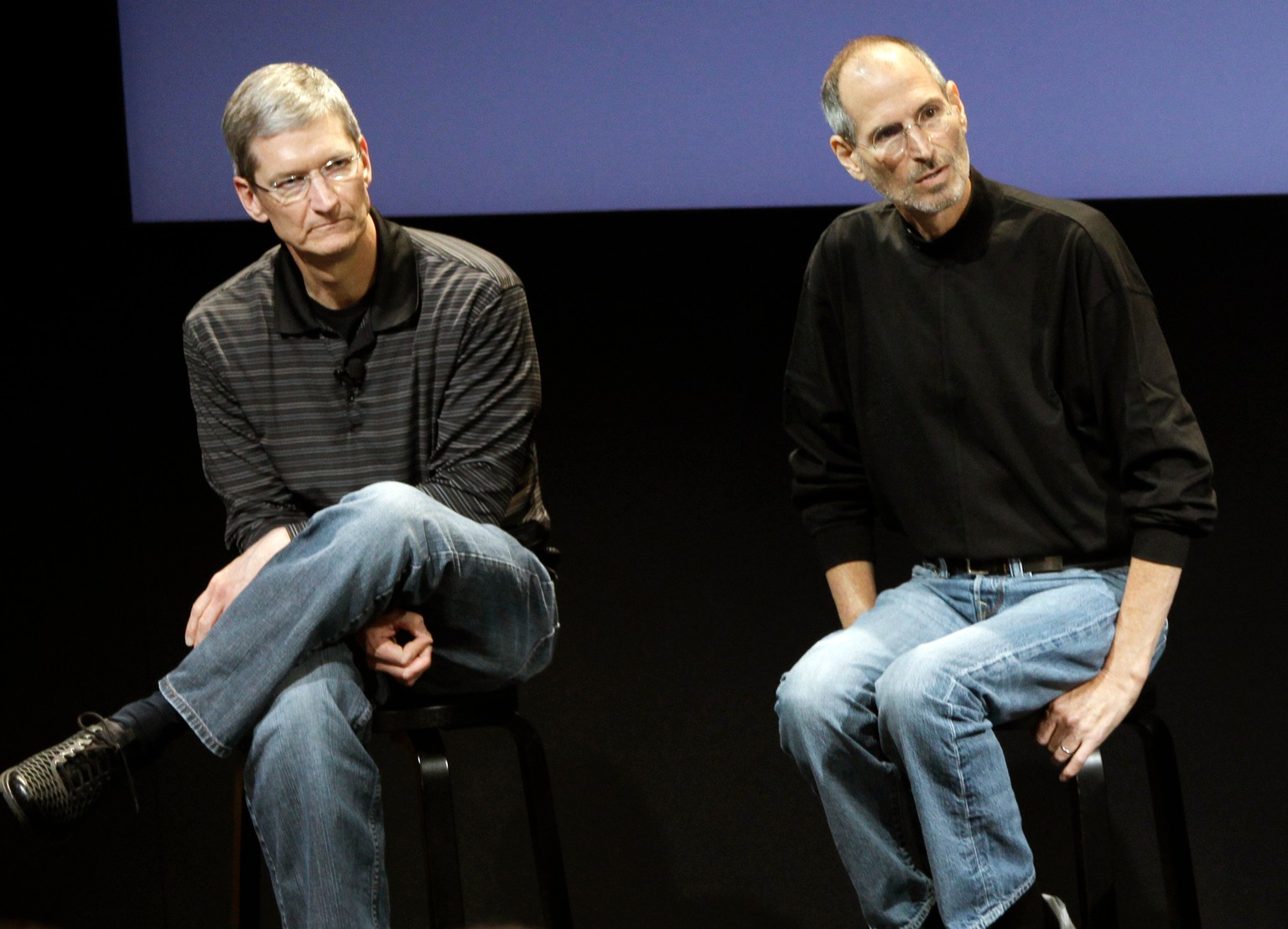 FILE - This July 16, 2010 photo shows Apple's Tim Cook, left, and Steve Jobs, right, during a meeting at Apple in Cupertino, Calif. (AP Photo/Paul Sakuma, File)
Apple 50th Anniversary