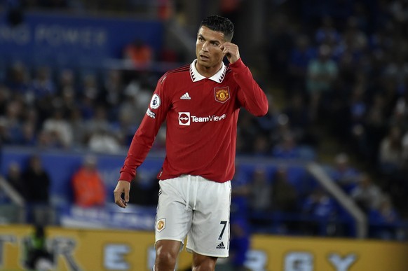 Manchester United&#039;s Cristiano Ronaldo during the English Premier League soccer match between Leicester City and Manchester United at King Power stadium in Leicester, England, Thursday, Sept. 1, 2 ...