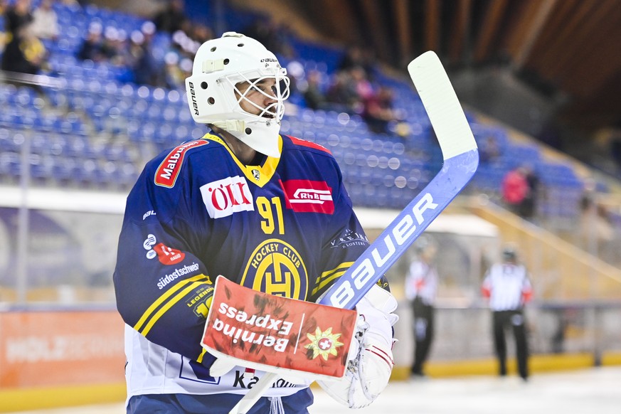 Davos&#039; Gilles Senn beim Eishockey Testspiel der National League zwischen dem HC Davos und dem HC Lugano, am Dienstag, 24. August 2021, im Eisstadion in Davos. (KEYSTONE/Gian Ehrenzeller)