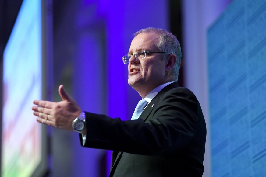 epa05953929 Australian Federal Treasurer Scott Morrison delivers his post-budget National Press Club address at Parliament House Great Hall in Canberra, Australian Capital Territory, Australia, 10 May ...