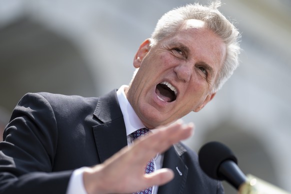 FILE - Speaker of the House Kevin McCarthy, R-Calif., criticizes President Joe Biden&#039;s policies and efforts on the debt limit negotiations as he holds a news conference at the Capitol in Washingt ...
