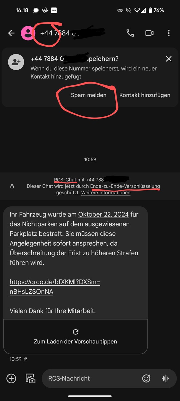 Phishing-Nachrichten können in der Messages-App (RCS-Chat oder iMessage) mit einem Klick als Spam gemeldet werden.