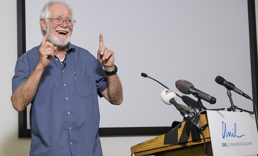 Jacques Dubochet, University of Lausanne, one of the 2017 Nobel Prize winners in Chemistry speaks during a press conference at the Universitiy of Lausanne, UNIL, Switzerland, Wednesday, October 4, 201 ...