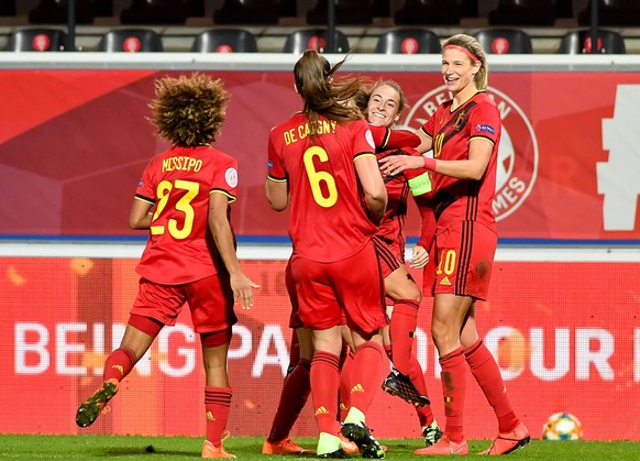 Belgium s Tessa Wullaert celebrates after scoring during a soccer game between Belgium s Red Flames and Switzerland, Tuesday 01 December 2020 in Heverlee, the last qualification game for the women s E ...