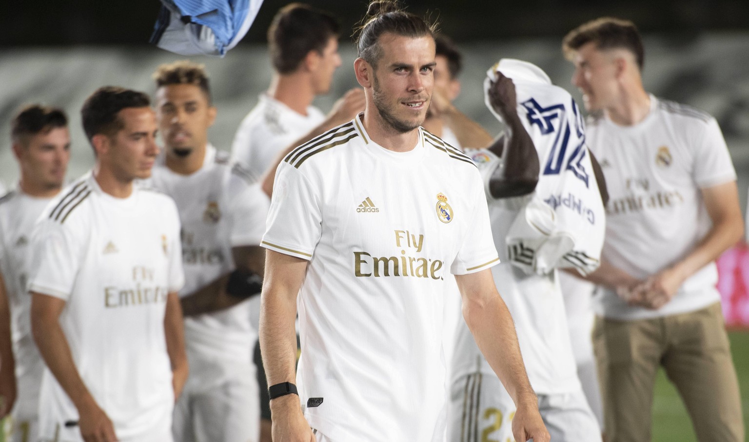 Spanish La Liga soccer match Real Madrid vs Villarreal at Alfredo Di Estefano Stadium, Madrid, July 16, 2020 Real Madrid players celebrate champions of the Spanish La Liga Gareth Bale La Liga / Cordon ...