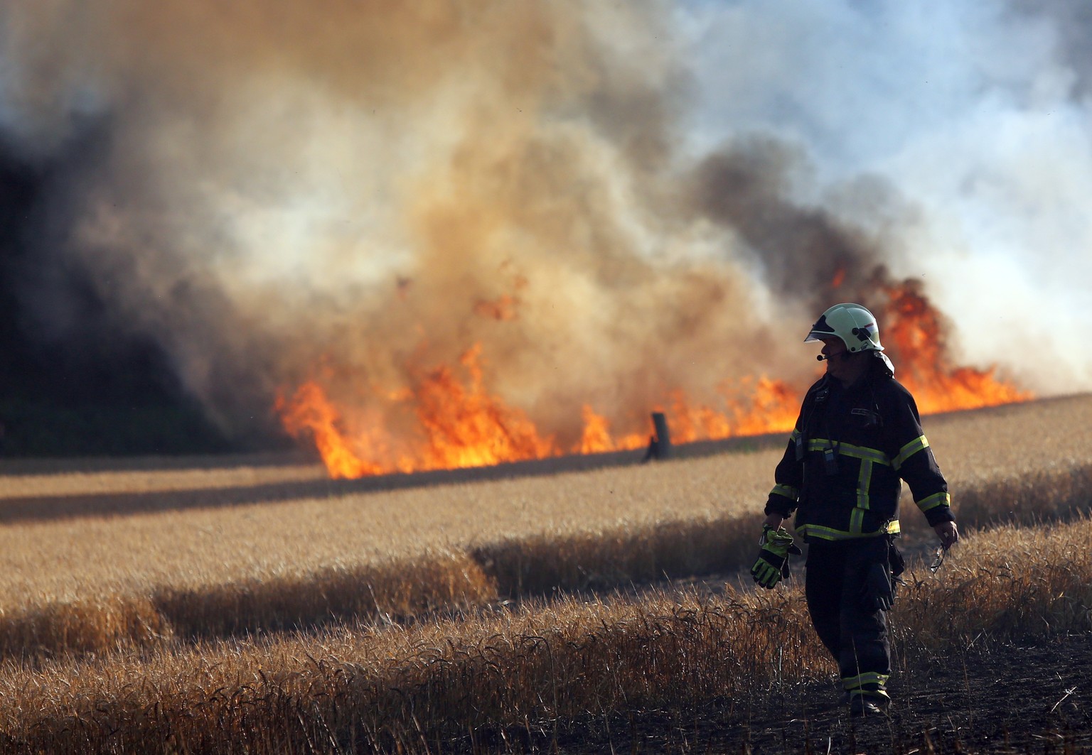 03.07.2018, Mecklenburg-Vorpommern, Rostock: In Rostock loeschen Feuerwehrleute ein Getreidefeld, das in Flammen steht. Aufgrund der Trockenheit sind in Mecklenburg-Vorpommern in den letzten Tagen zah ...