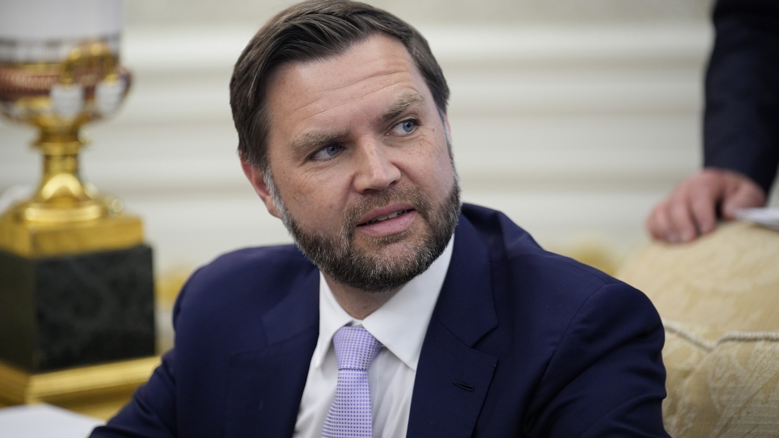 epa13062006 US Vice President JD Vance listens as US President Donald Trump meets with Mark Rutte, Secretary General of the North Atlantic Treaty Organization (NATO), in the Oval Office of the White H ...