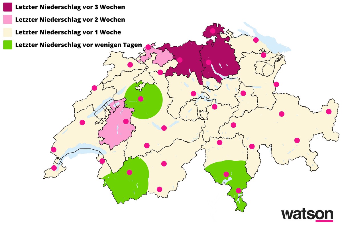 So lange liegt der letzte Niederschlag (mehr als 5 Millimeter pro Tag) zurück, gemessen von 31 ausgewählten Messstationen.