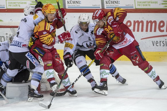 Tigers Topscorer Harry Pesonen, zweiter von links, und Claudio Cadonau, rechts, kaempfen um den Puck gegen Fribourgs Jonas Holos, links, und Benjamin Chavaillaz, Mitte, waehrend dem Meisterschaftsspie ...