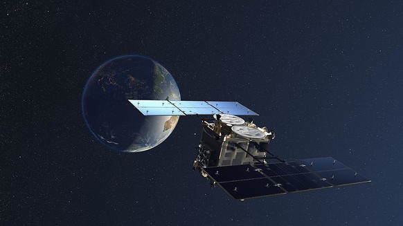 Rendering of JAXA&#039;s Hayabusa2 probe with Earth behind it
