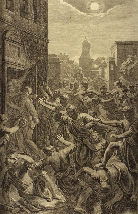 Die Sodomiten werden mit Blindheit geschlagen, Illustration aus den «Figures de la Bible» von 1728.