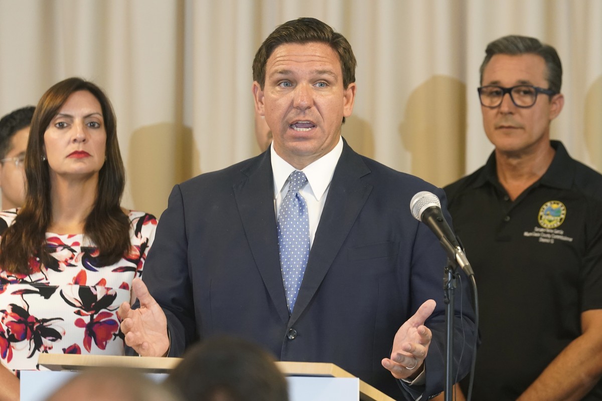 Florida Governor Ron DeSantis answers questions related to school openings and the wearing of masks, Tuesday, Aug. 10, 2021, in Surfside, Fla. (AP Photo/Marta Lavandier)
Ron DeSantis