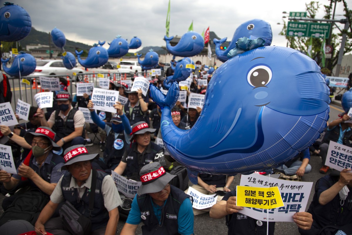 epa10733865 Members of civic groups take part in a rally against the International Atomic Energy Agency's (IAEA) report on Japan's disposal of Fukushima radioactive water, outside the Foreig ...