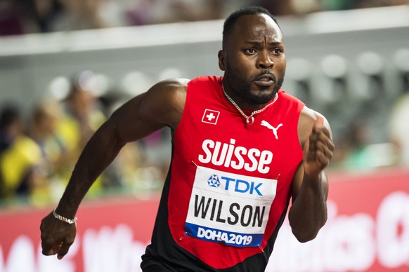 Alex Wilson from Switzerland in action during the men's 200 meters qualification round at the IAAF World Athletics Championships, at the Khalifa International Stadium, in Doha, Qatar, Sunday, Sep ...