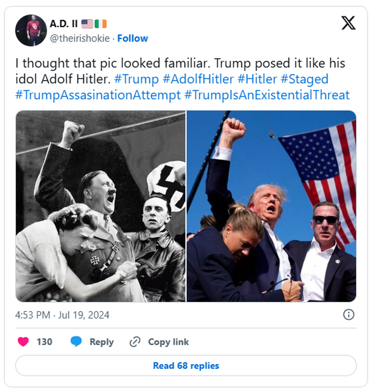 Das Fake-Bild von Adolf Hitler (links) soll den Eindruck erwecken, Trump habe wie einst Adolf Hitler posiert.