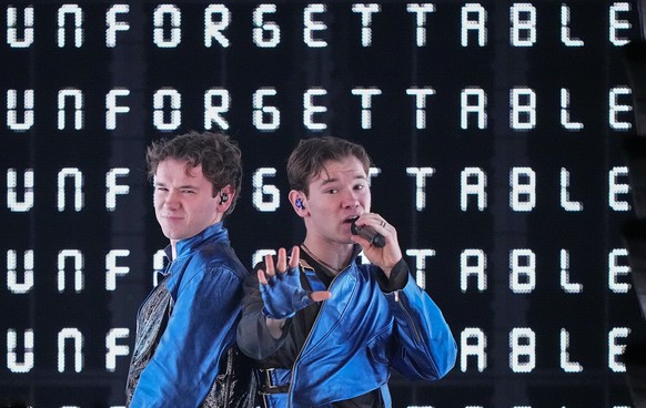 Marcus &amp; Martinus of Sweden perform the song Unforgettable during the dress rehearsal for the final at the Eurovision Song Contest in Malmo, Sweden, Friday, May 10, 2024. (AP Photo/Martin Meissner ...