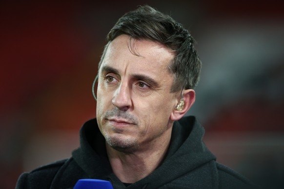 epa10382940 Former Manchester United&#039;s player Gary Neville speaks before the English Premier League soccer match between Liverpool FC and Leicester City in Liverpool, Britain, 30 December 2022. E ...
