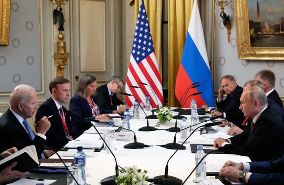 U.S President Joe Biden, left, and Russian President Vladimir Putin, right, talk during their meeting at the &#039;Villa la Grange&#039; in Geneva, Switzerland in Geneva, Switzerland, Wednesday, June  ...