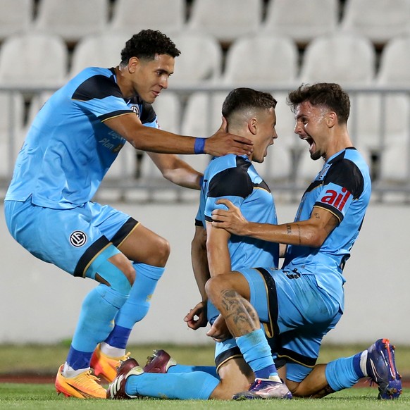 epa11538008 Lugano&#039;s Mattia Zanotti celebrates with teammates after scoring the 0-1 during the UEFA Europa league, third qualifying round, 1st leg match between Partizan Belgrade and Lugano in Be ...