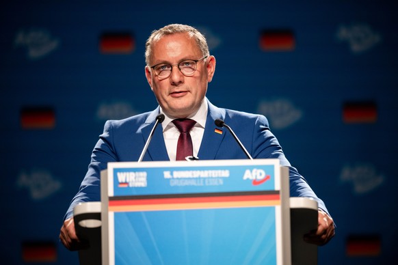 epa11444389 AfD co-chairman Tino Chrupalla speaks during the Alternative for Germany (AfD) conference in Essen, Germany, 29 June 2024. The AfD is holding its national party conference in Essen&#039;s  ...