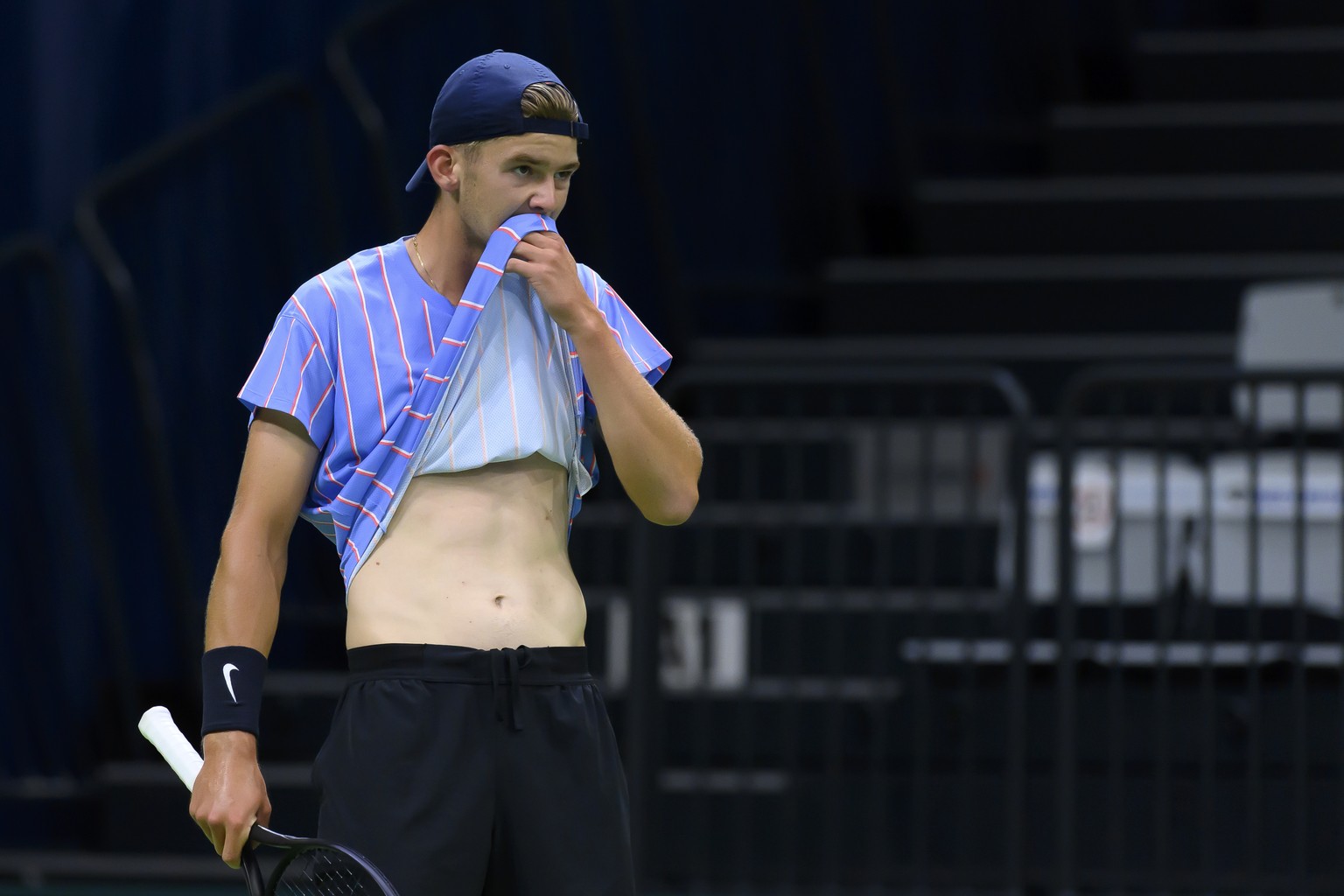 Jerome Kym reagiert waehrend des Qualifiakationsspiels der Herren Dominic Stricker gegen Jerome Kym am Tennis Securitas Pro Cup, am Freitag, 24. Juli 2020, in der Swiss Tennis Arena in Biel. (KEYSTONE ...