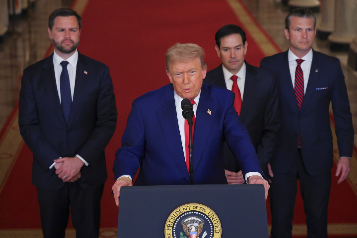 KEYPIX - President Donald Trump speaks from the East Room of the White House in Washington, Saturday, June 21, 2025, after the U.S. military struck three Iranian nuclear and military sites, directly j ...