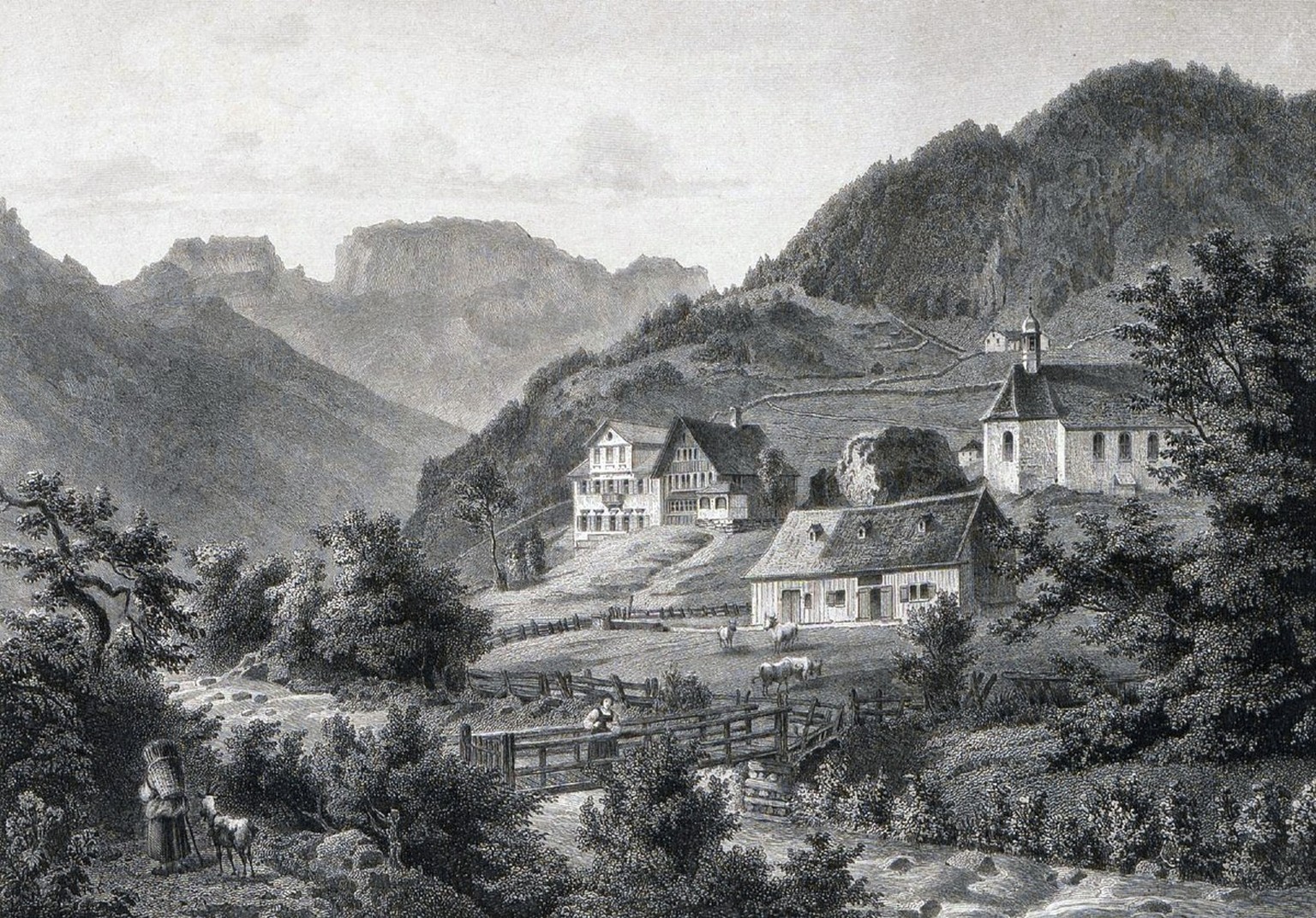 Schwendi bei Heiden (AR), um 1870. Das Schwenden ist eine Art der Rodung, bei der man die Bäume verdorren lässt.
http://doi.org/10.7890/ethz-a-000505780