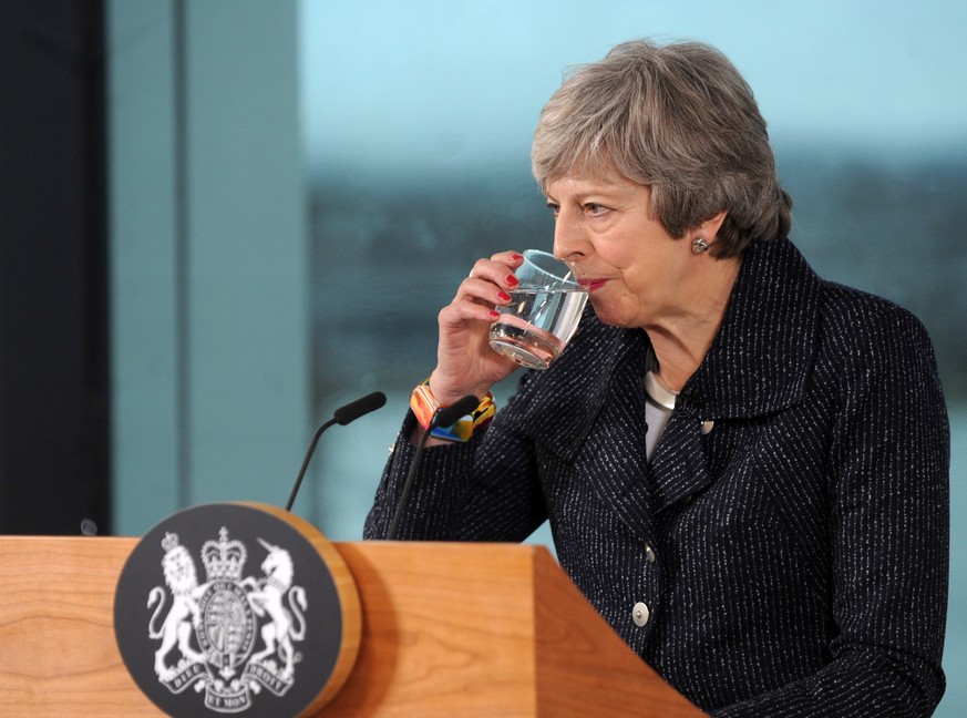 epa07345658 British Prime Minister Theresa May delivers a speech on Brexit in Belfast, Northern Ireland, 05 February 2019. May is expected to outline her plans to avoid a hard border with Ireland in h ...