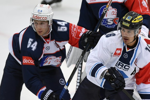 Zurich&#039;s Christian Marti, left, fight for the puck with Ingolstadt&#039;s Martin Buchwieser, right, during the Champions Hockey League Group D hockey match between Switzerland&#039;s ZSC Lions an ...