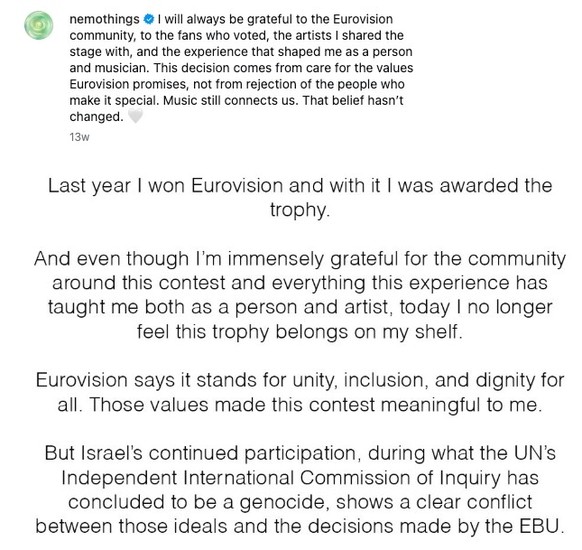 Nemos Statement zur Rückgabe seines Eurovision-Trophys.