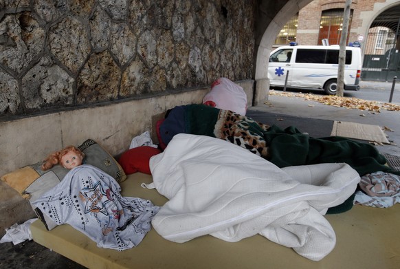 A homeless person sleeps under blankets next to a doll, under a bridge of the 18th district, in Paris, France, Monday, Nov. 24, 2014 as France’s homeless problem appears particularly acute. During his ...