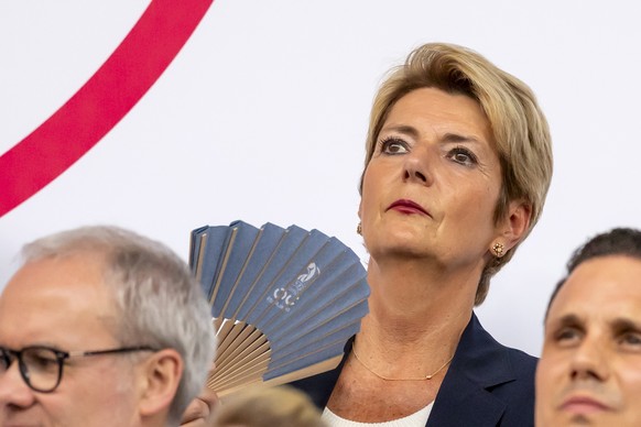 epa12211449 Swiss President Karin Keller-Sutter is seen on the grandstand during the UEFA Women&#039;s EURO 2025 Group A soccer match between Switzerland and Norway at the St. Jakob-Park stadium in Ba ...