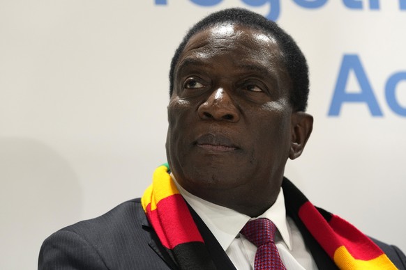 FILE - President Emmerson Mnangagwa, of Zimbabwe, attends a session at the Africa Pavilion at the COP27 U.N. Climate Summit, Nov. 7, 2022, in Sharm el-Sheikh, Egypt.Zimbabwe?s main opposition party we ...