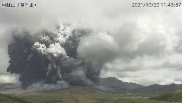 In this image taken by a surveillance camera released by Japan Meteorological Agency, smokes rise from the No. 1 Nakadake crater of Mr. Aso after its eruption, observed from Kusasenri, southwestern Ja ...