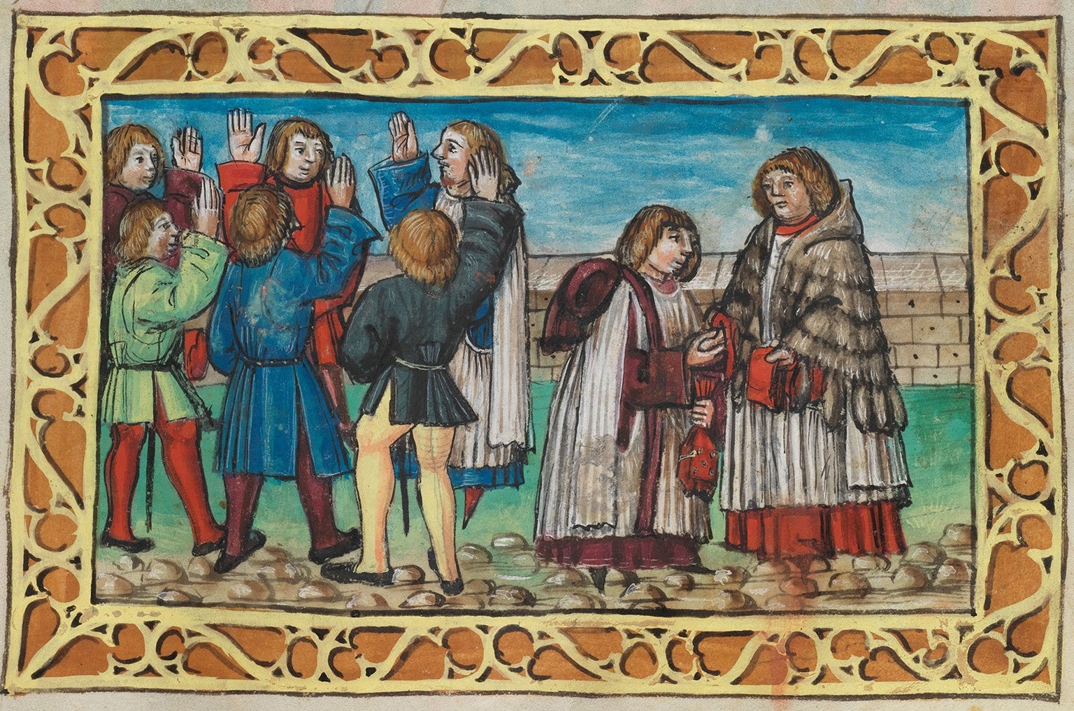 Machtübergabe innerhalb der Familie Schiner: Niklaus Schiner verzichtet 1499 auf sein Amt als Bischof von Sitten zugunsten seines Neffen Matthäus (rechts), dem er symbolisch das Evangelienbuch überrei ...