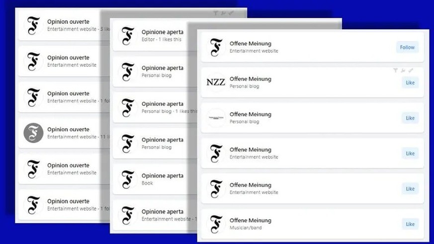 «Offene Meinung»: Mit dem Logo der FAZ und vereinzelt anderer Medien sind in den vergangenen Wochen jeweils zigfach Seiten für verschiedene Sprachen angelegt worden, auf denen auch Fake-Artikel gepost ...