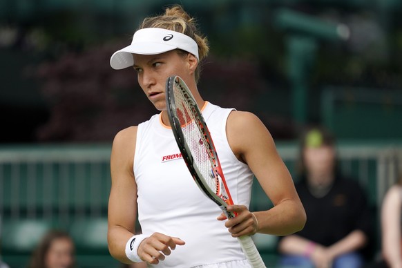 Switzerland&#039;s Viktorija Golubic wins a point against Russia&#039;s Veronika Kudermetova during the women&#039;s singles match on day one of the Wimbledon Tennis Championships in London, Monday Ju ...