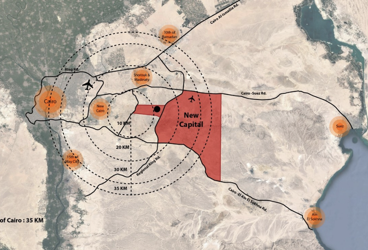 The new capital will be built 35 kilometers east of Cairo on a total area of ​​725 square kilometers.