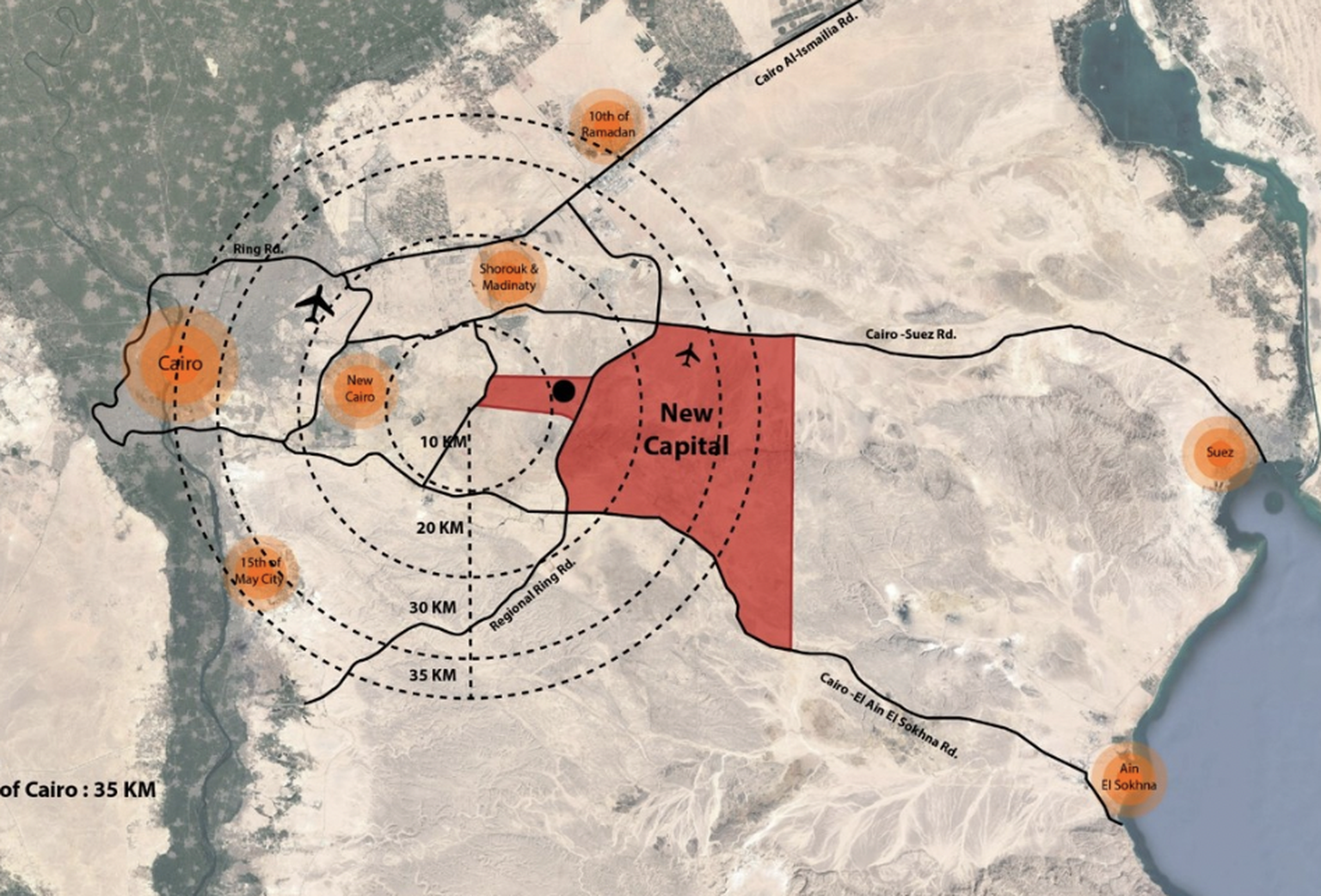 Die neue Hauptstadt entsteht 35 Kilometer östlich von Kairo auf einer Gesamtfläche von 725 Quadratkilometern.