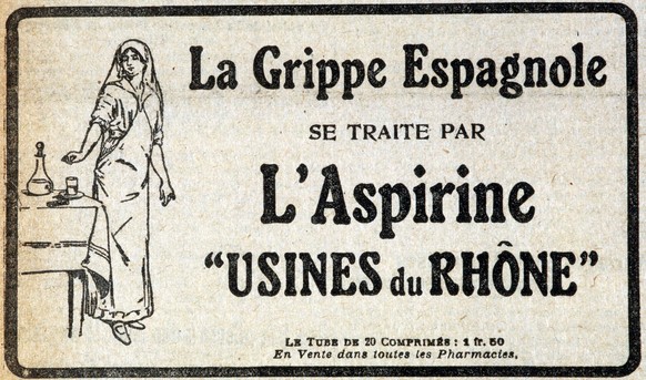 GRIPPE ESPAGNOLE La grippe espagnole se traite par l Aspirine Usines du Rhone Encart publicitaire de juillet 1918. Credit : Collection Jonas/Kharbine-Tapabor. *** Spanish Flu is treated by Aspirin Usi ...