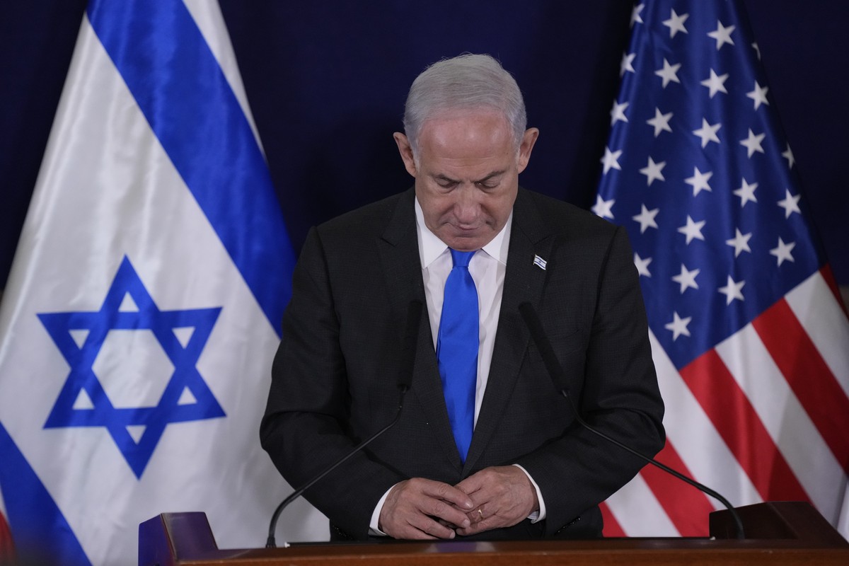 Israel's Prime Minister Benjamin Netanyahu make statements with the U.S. Secretary of State Antony Blinken to the media, inside The Kirya, which houses the Israeli Ministry of Defense, after thei ...