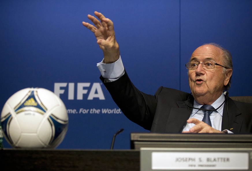 FILE - In this March 30, 2012 file photo then FIFA President Sepp Blatter gestures during a press conference at the FIFA headquarters in Zurich, Switzerland. FIFA said Thursday, March 17, 2016 Sepp Bl ...