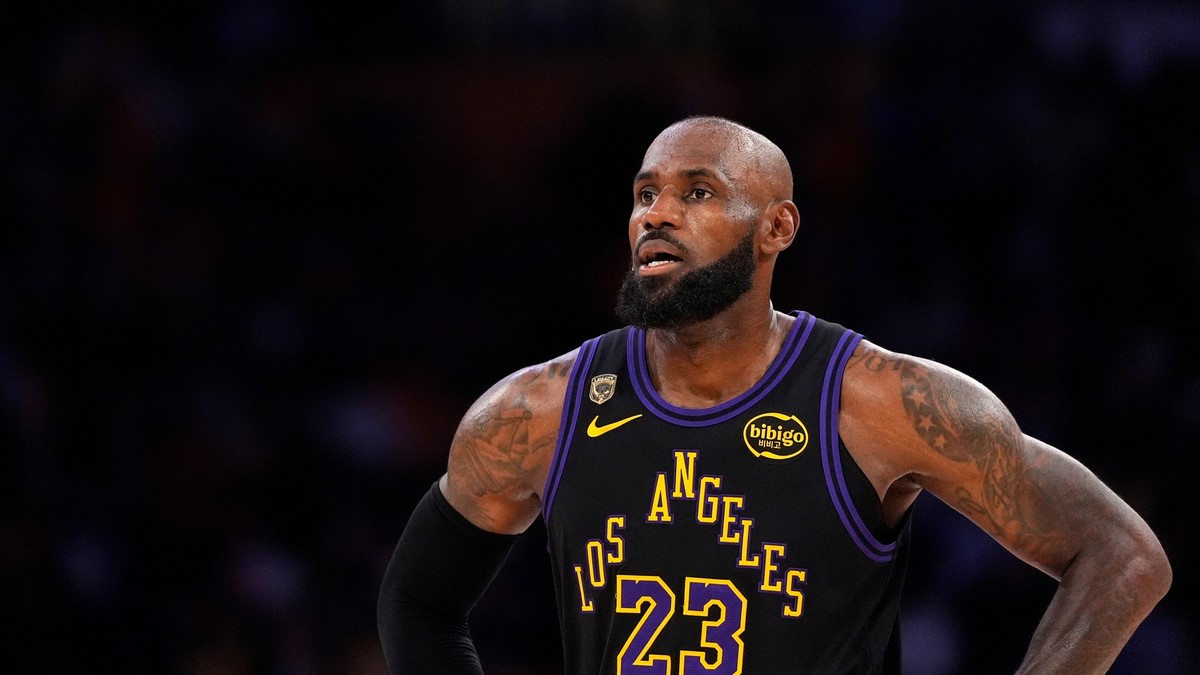 Los Angeles Lakers forward LeBron James stands on the court in the closing minutes of Game 4 in a second-round NBA basketball playoffs series against the Oklahoma City Thunder, Monday, May 11, 2026, i ...