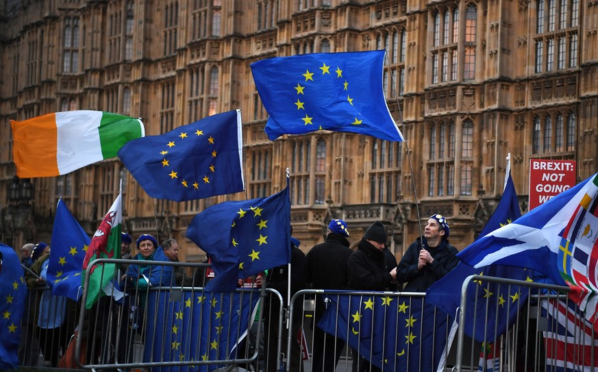 epa07434617 Pro EU protesters campaign outside of the parliament in London, Britain, 13 March 2019. Members of Parliament are set to vote on a 'No Deal' Brexit later in the day. The United K ...