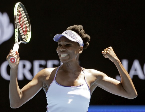 United States&#039; Venus Williams celebrates after defeating Russia&#039;s Anastasia Pavlyuchenkova during their quarterfinal at the Australian Open tennis championships in Melbourne, Australia, Tues ...