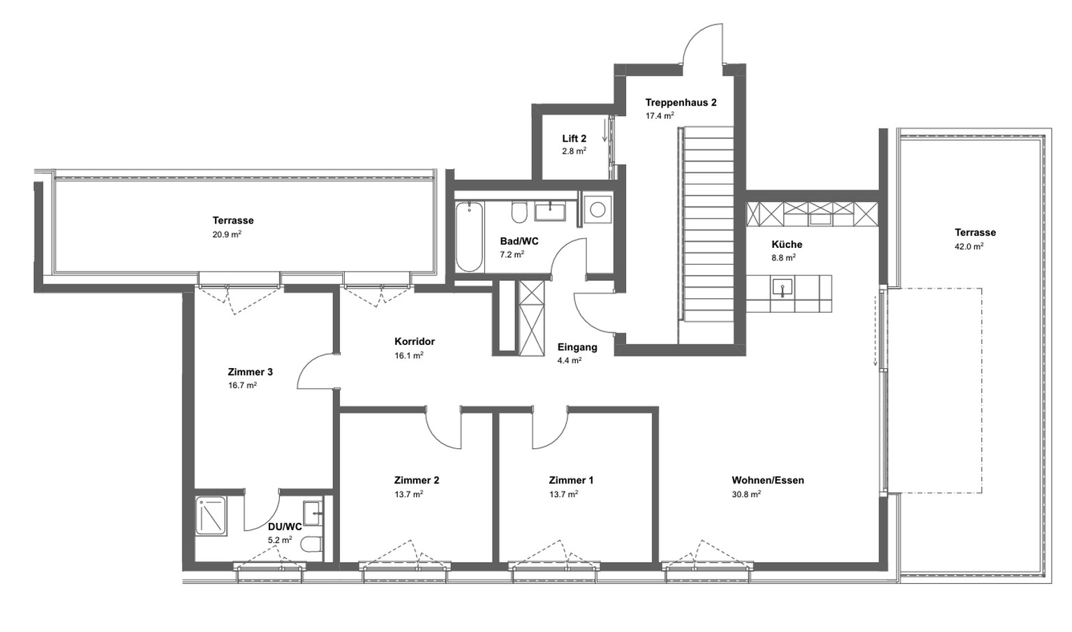 Der Grundriss der 4,5-Zimmer-Attikawohnung für 6790 Franken pro Monat.