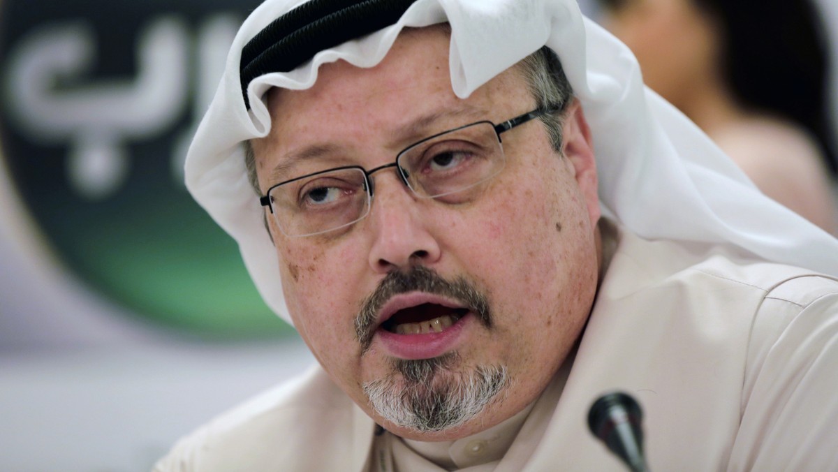 FILE - Saudi journalist Jamal Khashoggi speaks during a press conference in Manama, Bahrain on Dec. 15, 2014. A suspect in the 2018 killing of Saudi journalist Jamal Khashoggi was arrested Tuesday, De ...