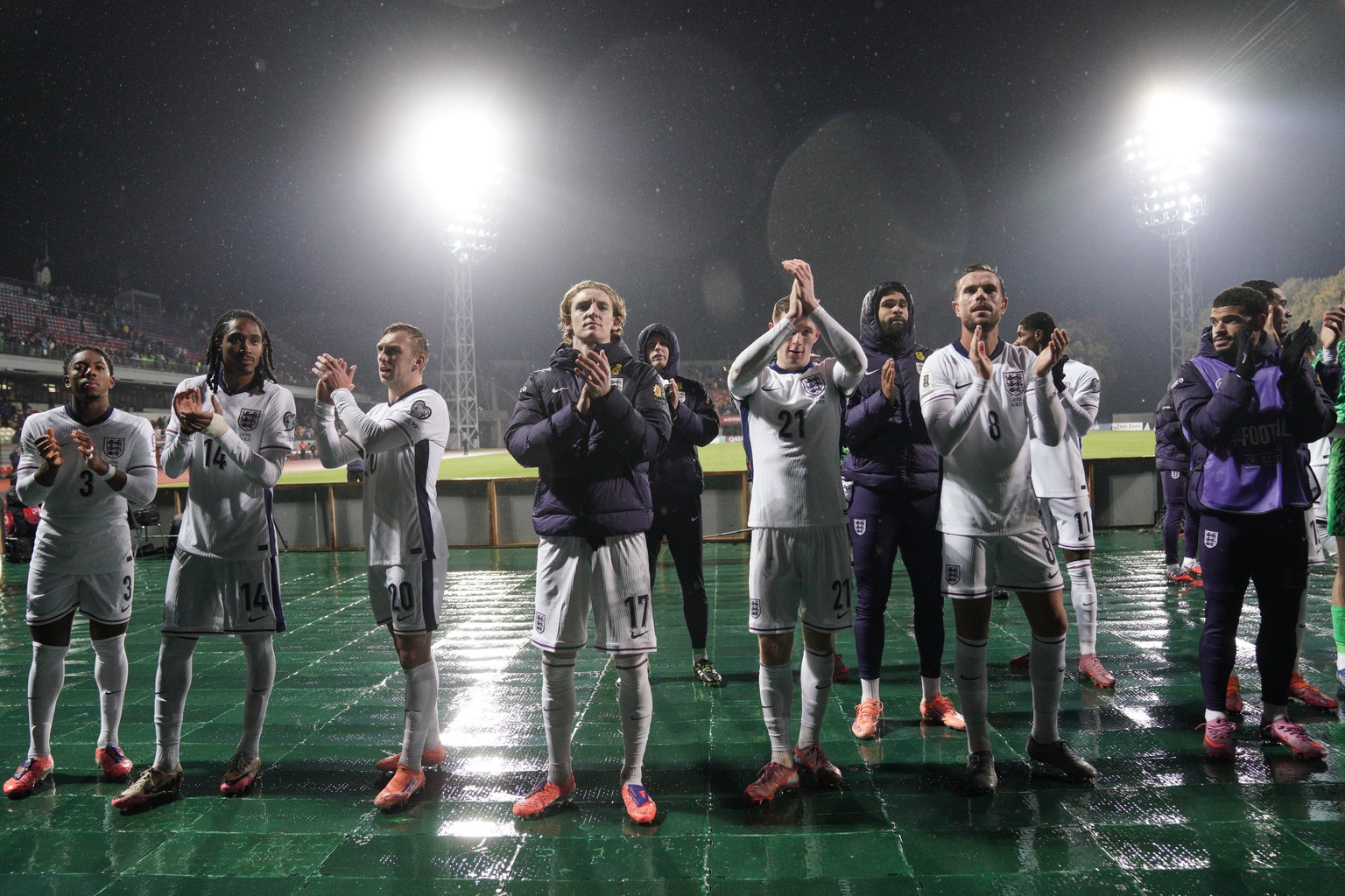 England players celebrate their victory at the 2026 World Cup group K qualifying soccer match between Latvia and England in Riga, Latvia, Tuesday, Oct. 14, 2025. (AP Photo/Roman Koksarov)
Latvia Engla ...