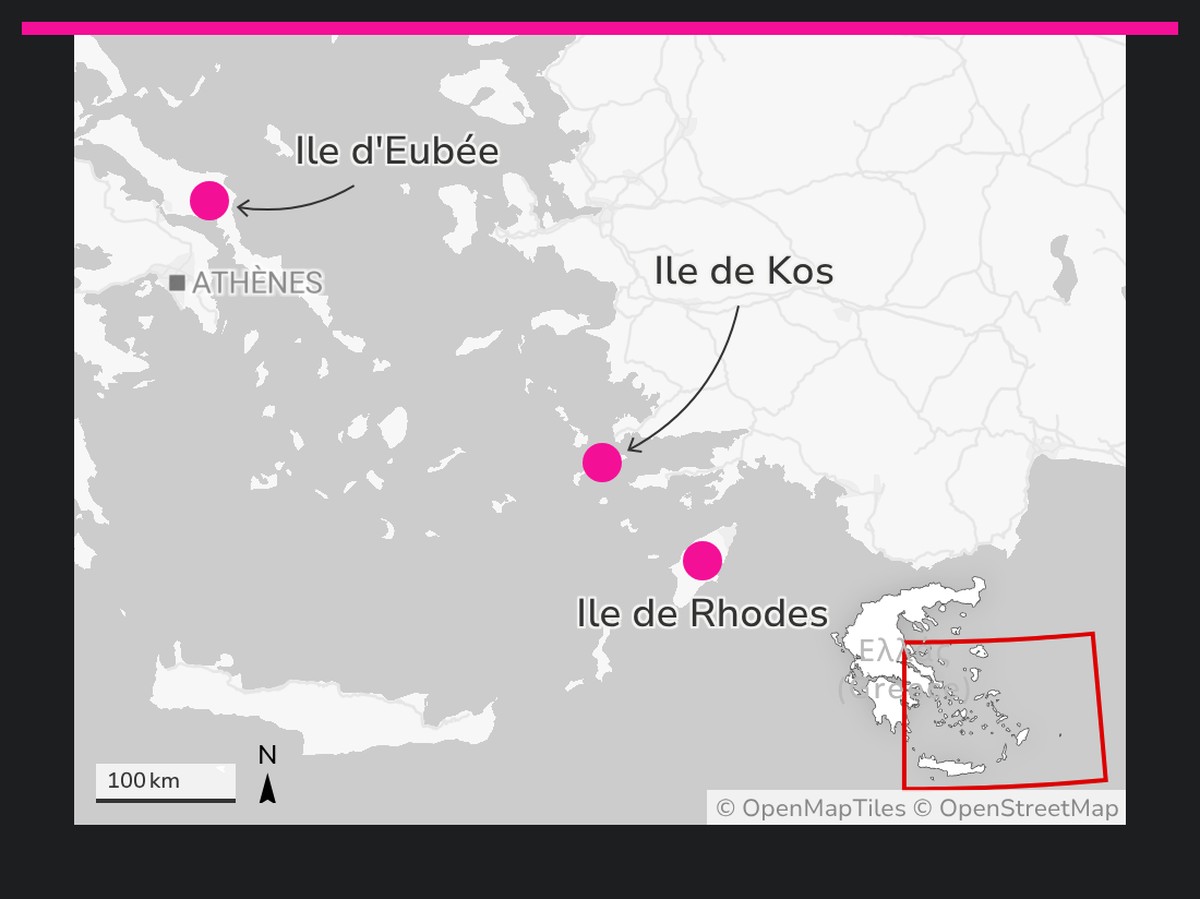 Iles d'Eubée, de Kos et de Rhodes, Grèce.